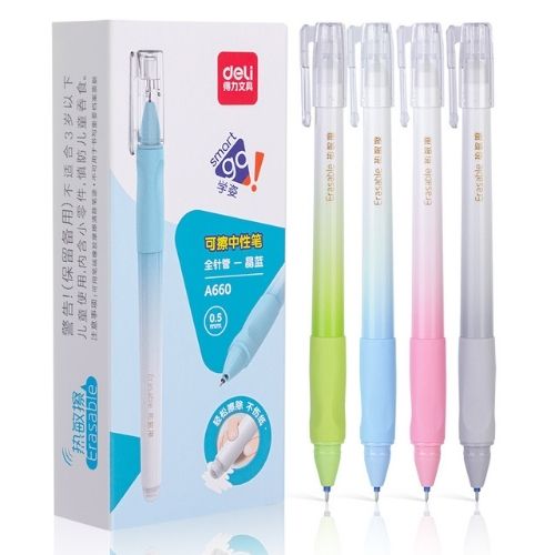  ROLLER BORRABLE DELI 05 MM CUERPO BLANCO  CON GRIP ESTUCHE X12 TINTA AZUL