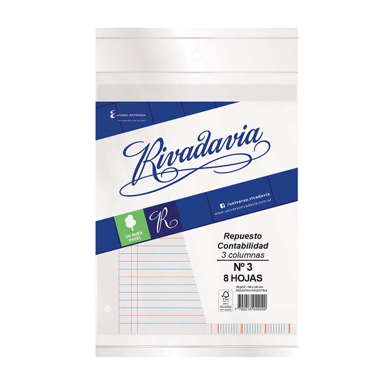  REPUESTO CONTABILIDAD N3 RIVADAVIA 3  COLUMNAS X 8 HOJAS