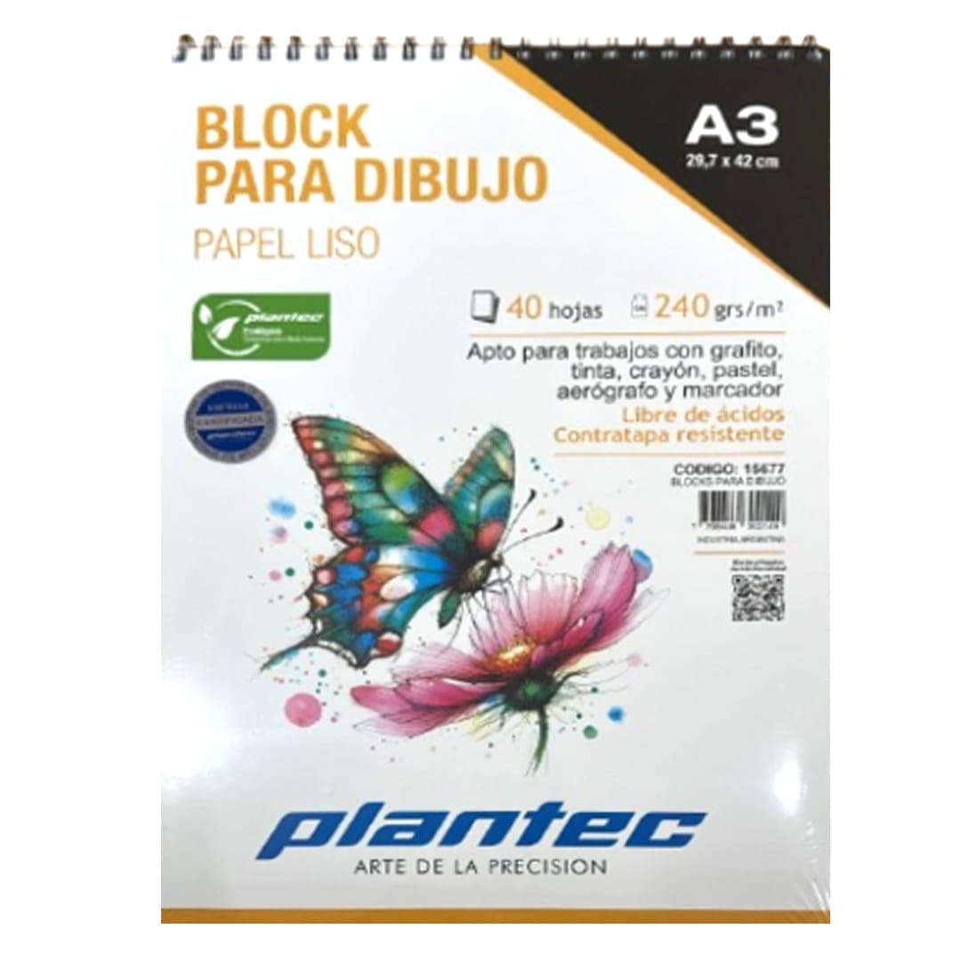  BLOCK DIBUJO PLANTEC ESPIRALADO VERTICAL  240GR A3 X40 HOJAS