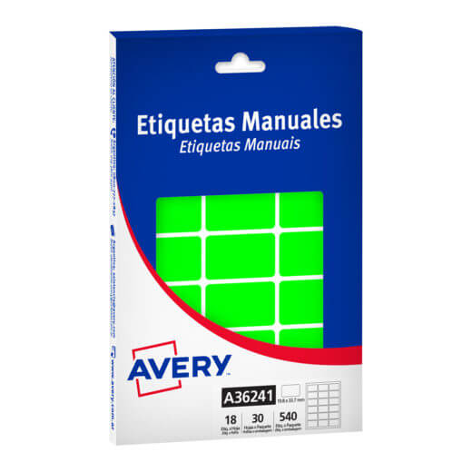  ETIQUETA AVERY MANUAL VERDE FLUO 36241;
19X33 MM X30 HOJAS