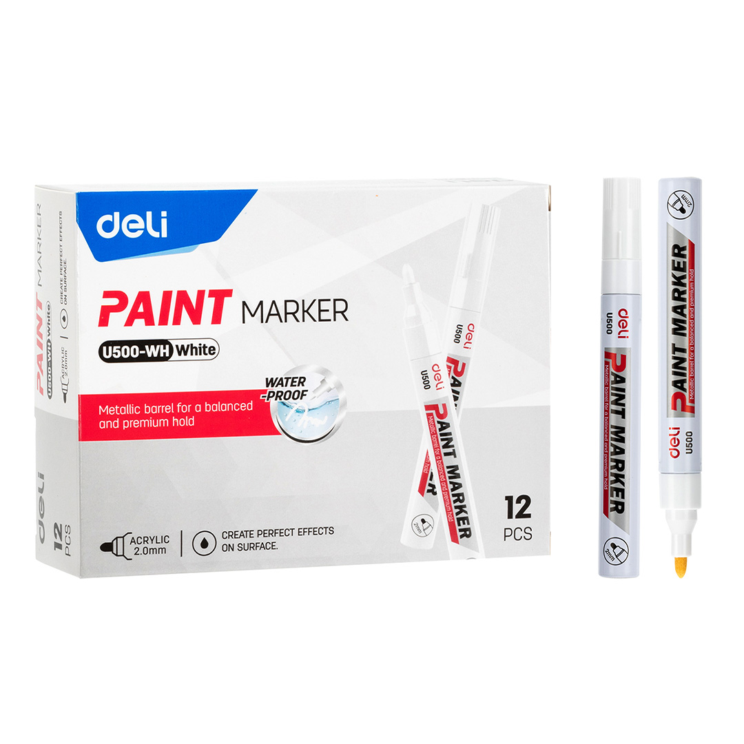  MARCADOR ACRILICO DELI 2MM CUERPO METAL BLANCO X12