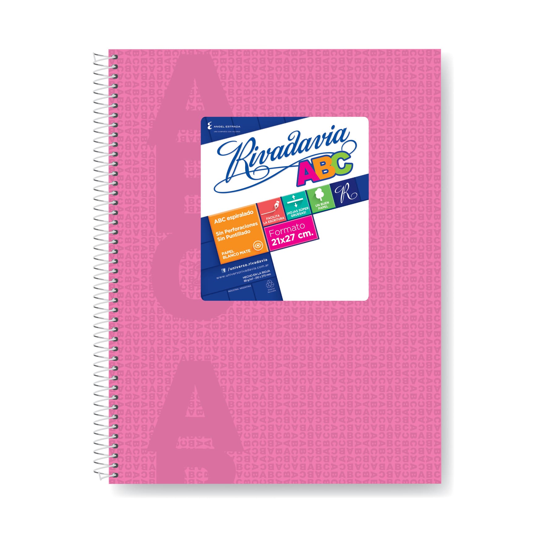  CUADERNO RIVADAVIA 21X27 ABC TAPA CARTON  ESPIRAL ROSA 60 HOJAS RAYADO