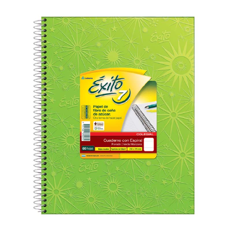  CUADERNO EXITO 21X27 TAPA CARTON ESPIRAL  FORRADO VERDE MANZANA 60 HOJAS RAYADO