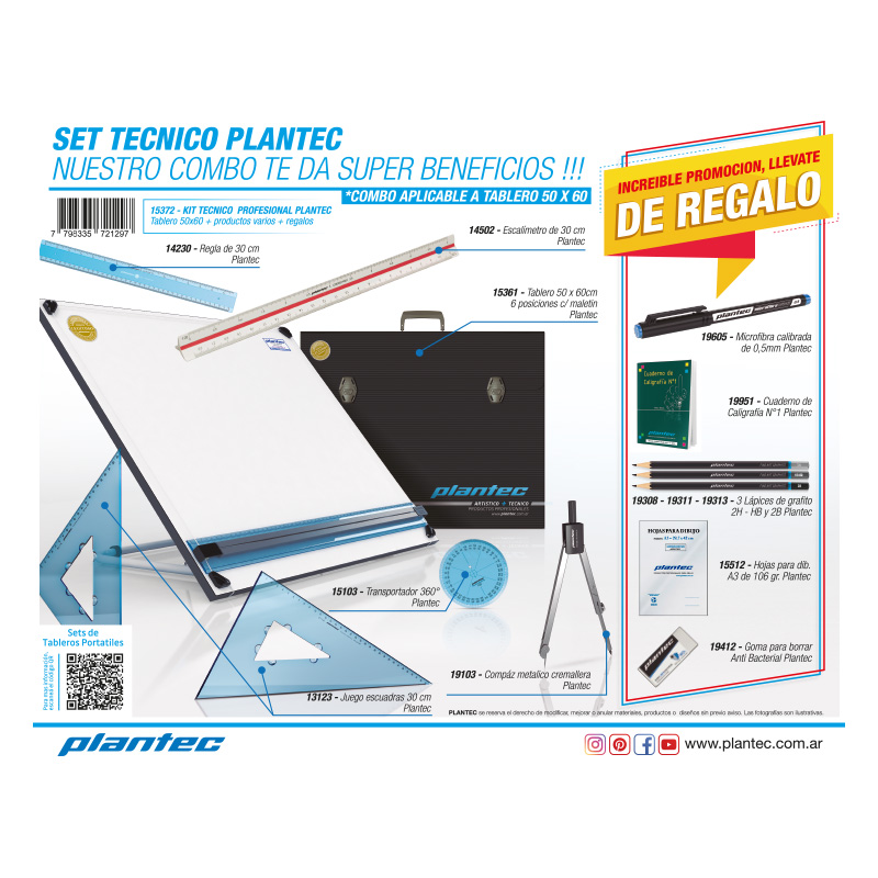  SET TABLERO PROFESIONAL PLANTEC 50X60 +6  UTILES + 7 REGALOS
