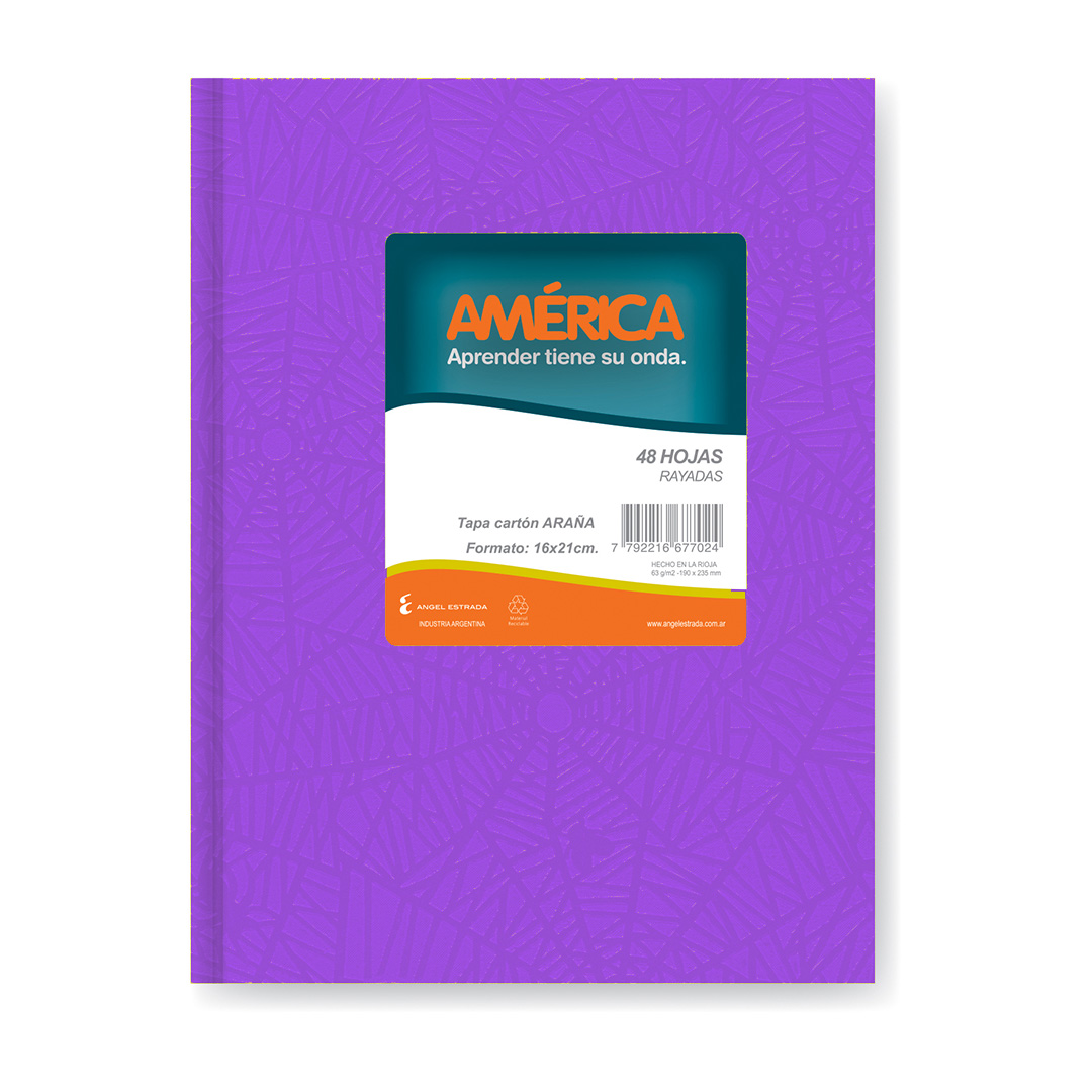 CUADERNO AMERICA 16X21 TAPA CARTON ARANA  LILA 42H RAYADO