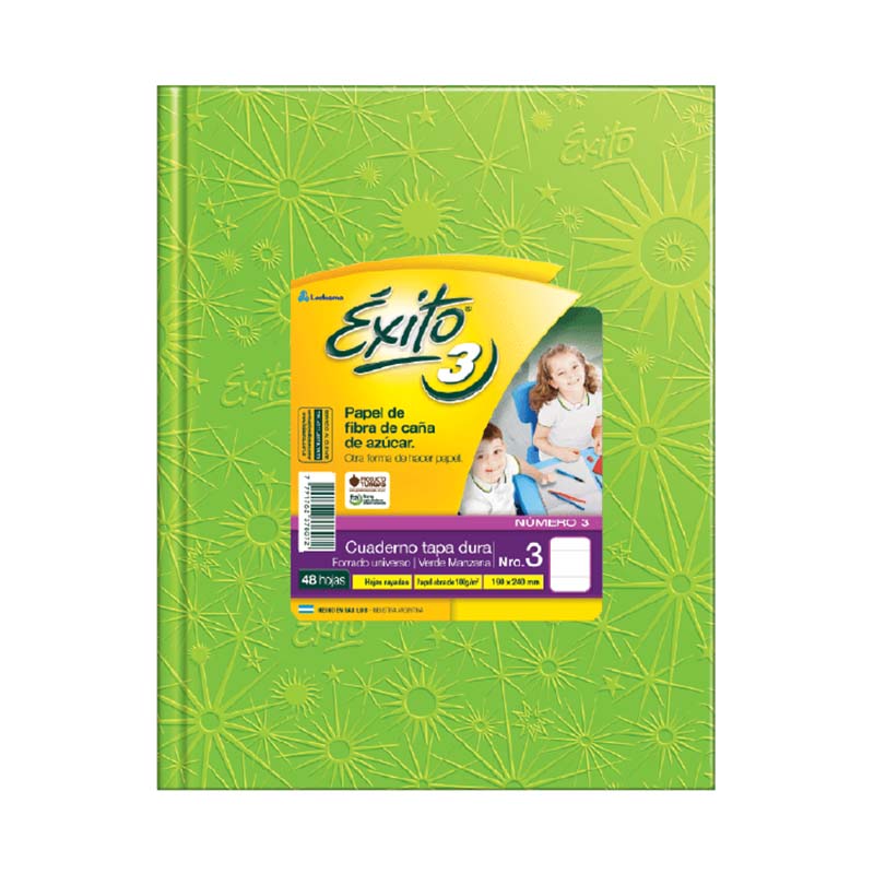  CUADERNO EXITO 19X24 TAPA CARTON FORRADO  VERDE MANZANA 48 HOJAS RAYADO