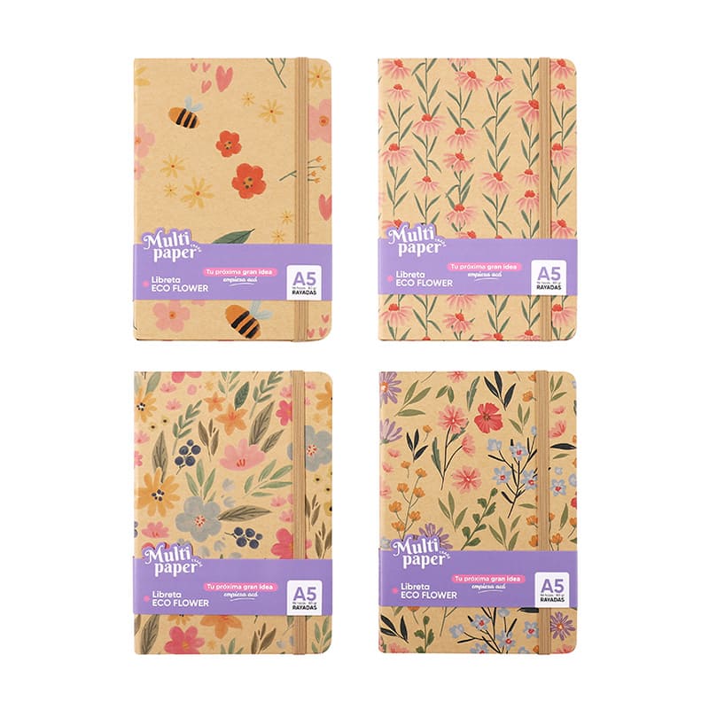  LIBRETA A5 MULTIPAPER ECO FLOWERS 80GR;
96 HOJAS RAYADO PACK X12