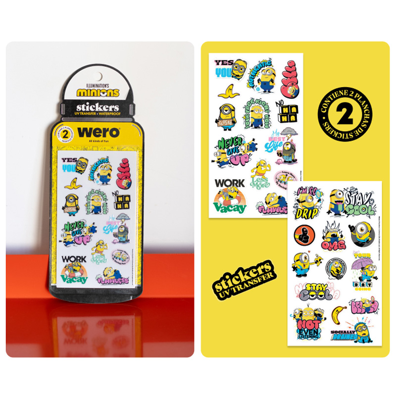  STICKERS BOTELLA WERO MINIONS 2 PLANCHAS  UV TRANSFER