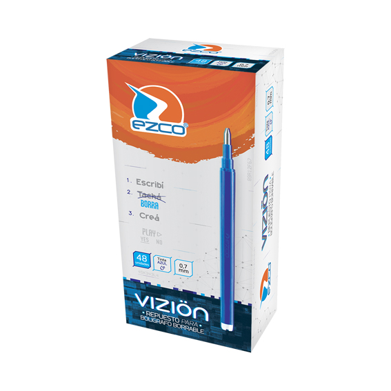  REPUESTO BORRABLE EZCO VIZION AZUL  ESTUCHE X48 (FRACCIONADO EN FLOWPACK X3)