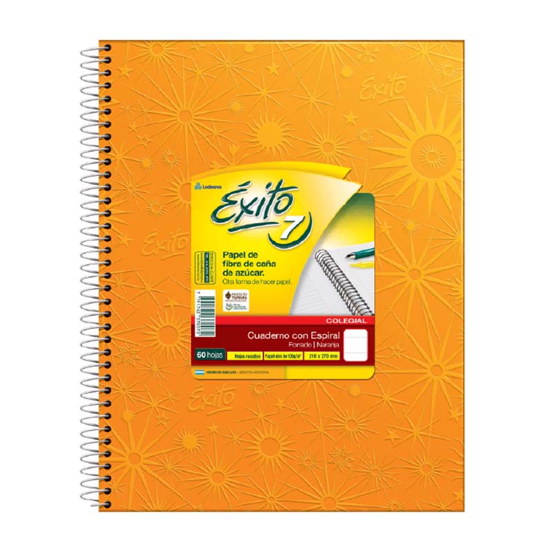  CUADERNO EXITO 21X27 TAPA CARTON ESPIRAL  FORRADO NARANJA 60 HOJAS RAYADO