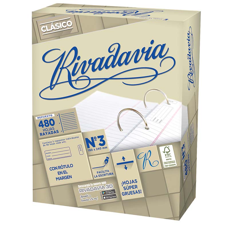  REPUESTO RIVADAVIA N3 480 HOJAS CLASICO EXTRA BLANCO RAYADO