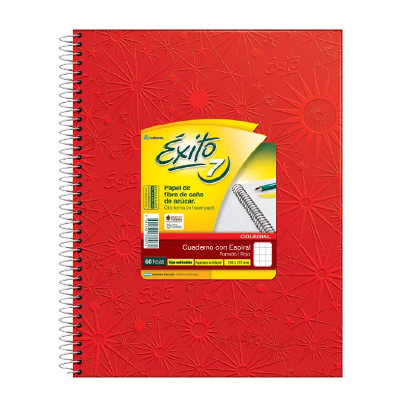  CUADERNO EXITO 21X27 TAPA CARTON ESPIRAL  FORRADO ROJO 60 HOJAS CUADRICULADO