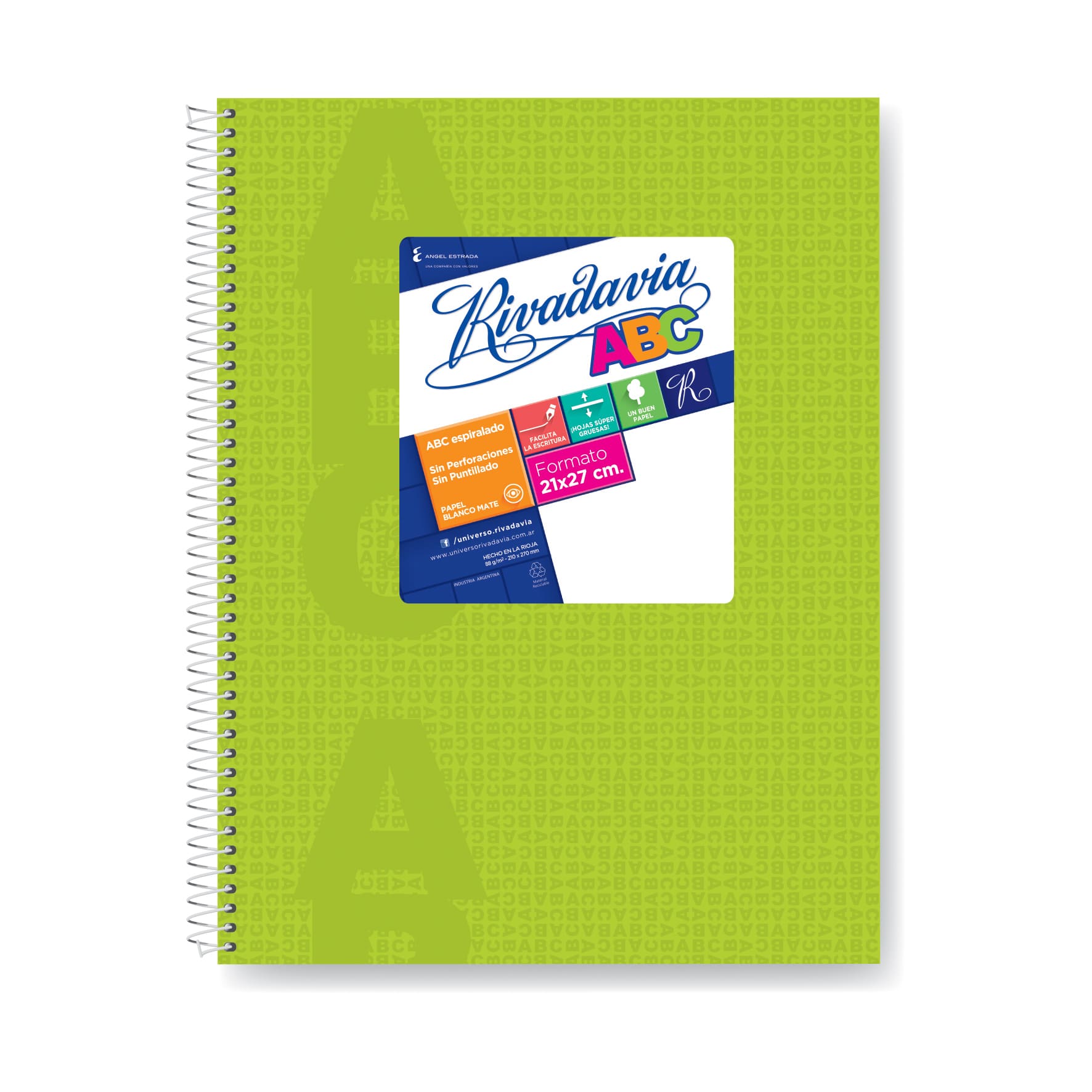  CUADERNO RIVADAVIA 21X27 ABC TAPA CARTON  ESPIRAL VERDE MANZANA 60 HOJAS RAYADO