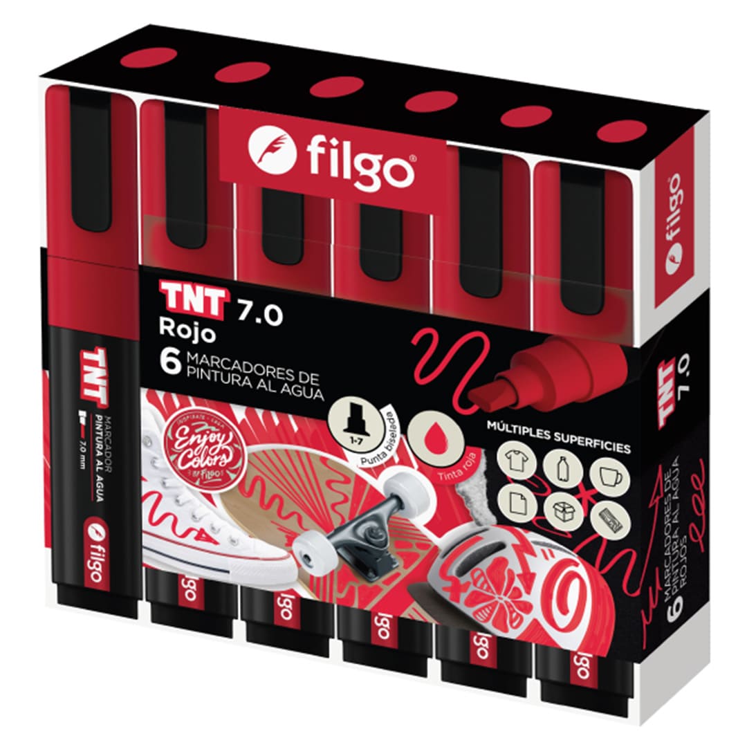  MARCADOR PINTURA FILGO TNT 7.0 PUNTA  BISELADA ESTUCHE X6 ROJO