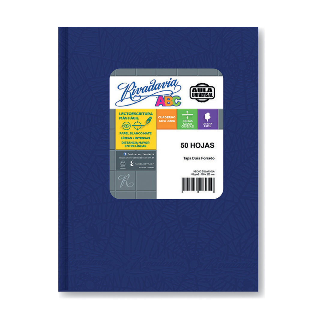  CUADERNO RIVADAVIA 19X23 AULA UNIVERSAL TAPA CARTON AZUL 50H CUADRICULADO