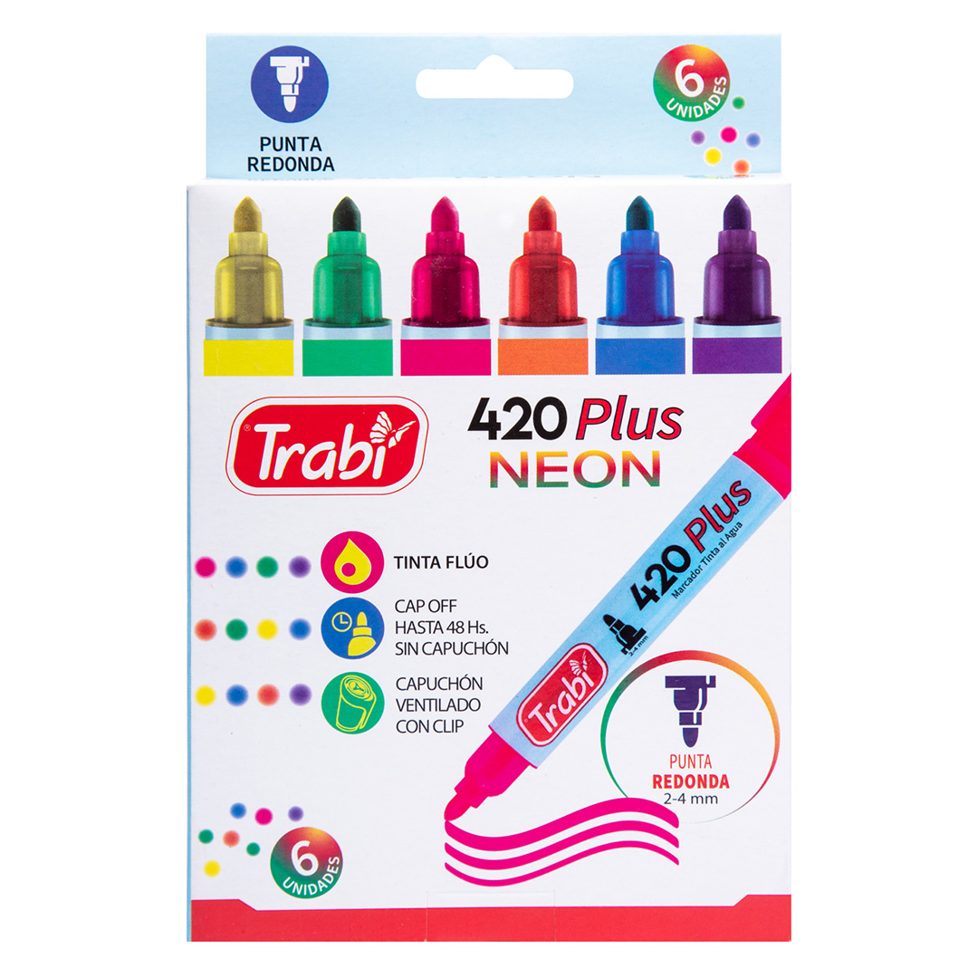 MARCADOR TRABI AL AGUA 420 RECARGABLE;
PUNTA REDONDA BLISTER X6 FLUO SURTIDO