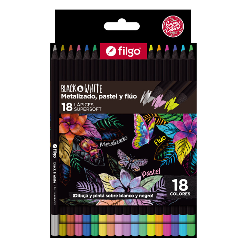  LAPIZ COLOR FILGO BLACK & WHITE X18  PASTEL METALIZADO FLUO
