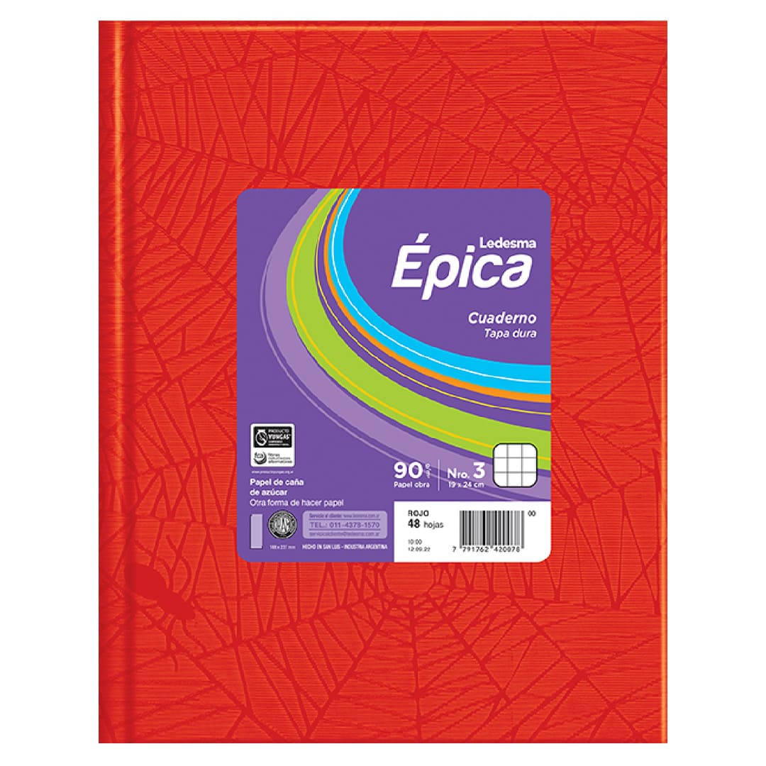  CUADERNO EPICA 19X24 TAPA CARTON FORRADO  ROJO 48 HOJAS CUADRICULADO