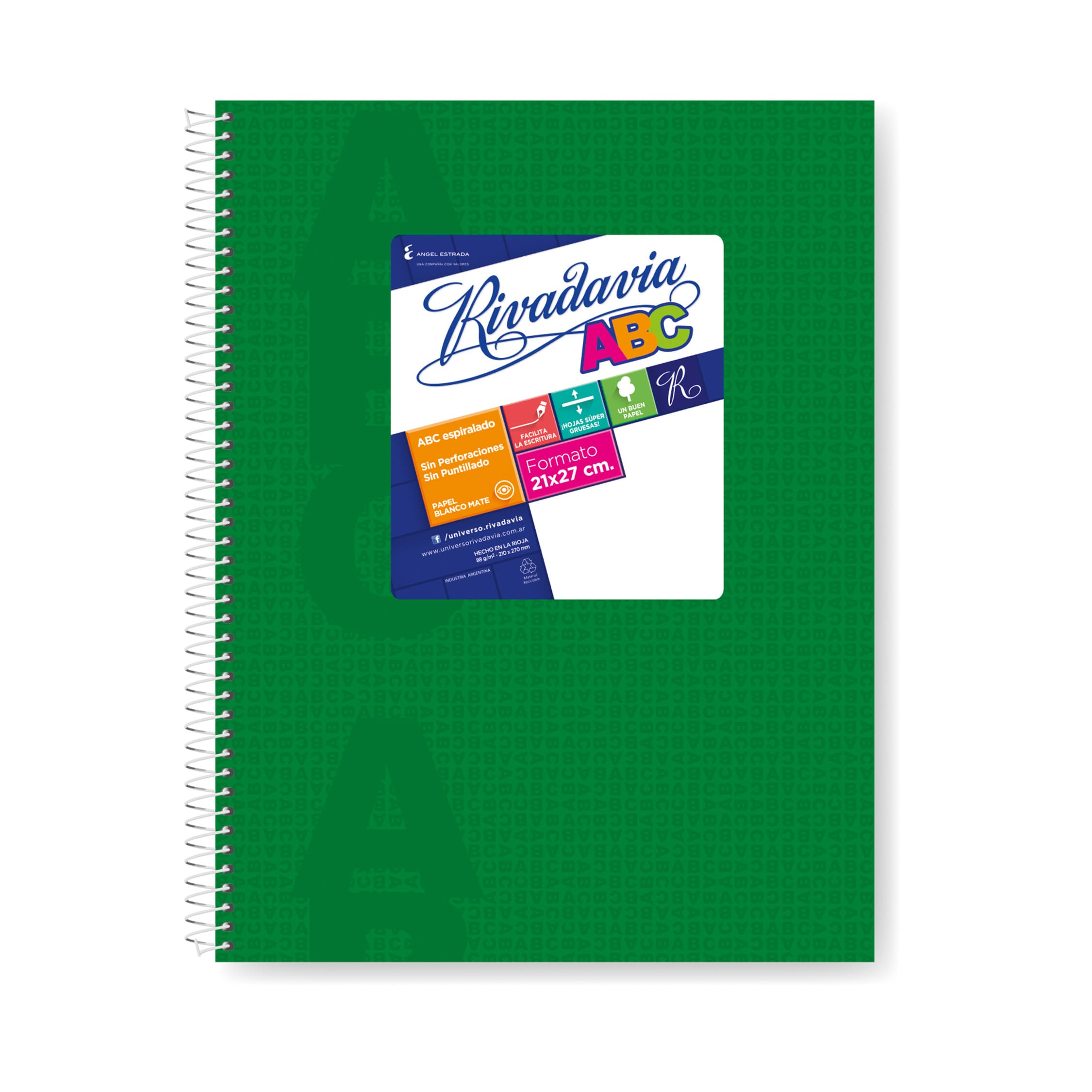  CUADERNO RIVADAVIA 21X27 ABC TAPA CARTON  ESPIRAL VERDE 60 HOJAS CUADRICULADO