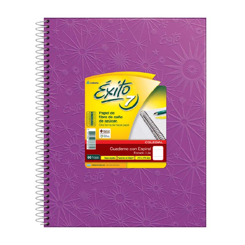 CUADERNO EXITO 21X27 TAPA CARTON ESPIRAL  FORRADO LILA 60 HOJAS RAYADO