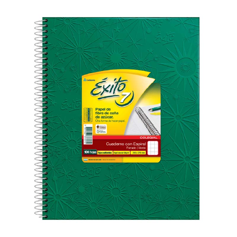  CUADERNO EXITO 21X27 TAPA CARTON ESPIRAL  FORRADO VERDE 100 HOJAS CUADRICULADO