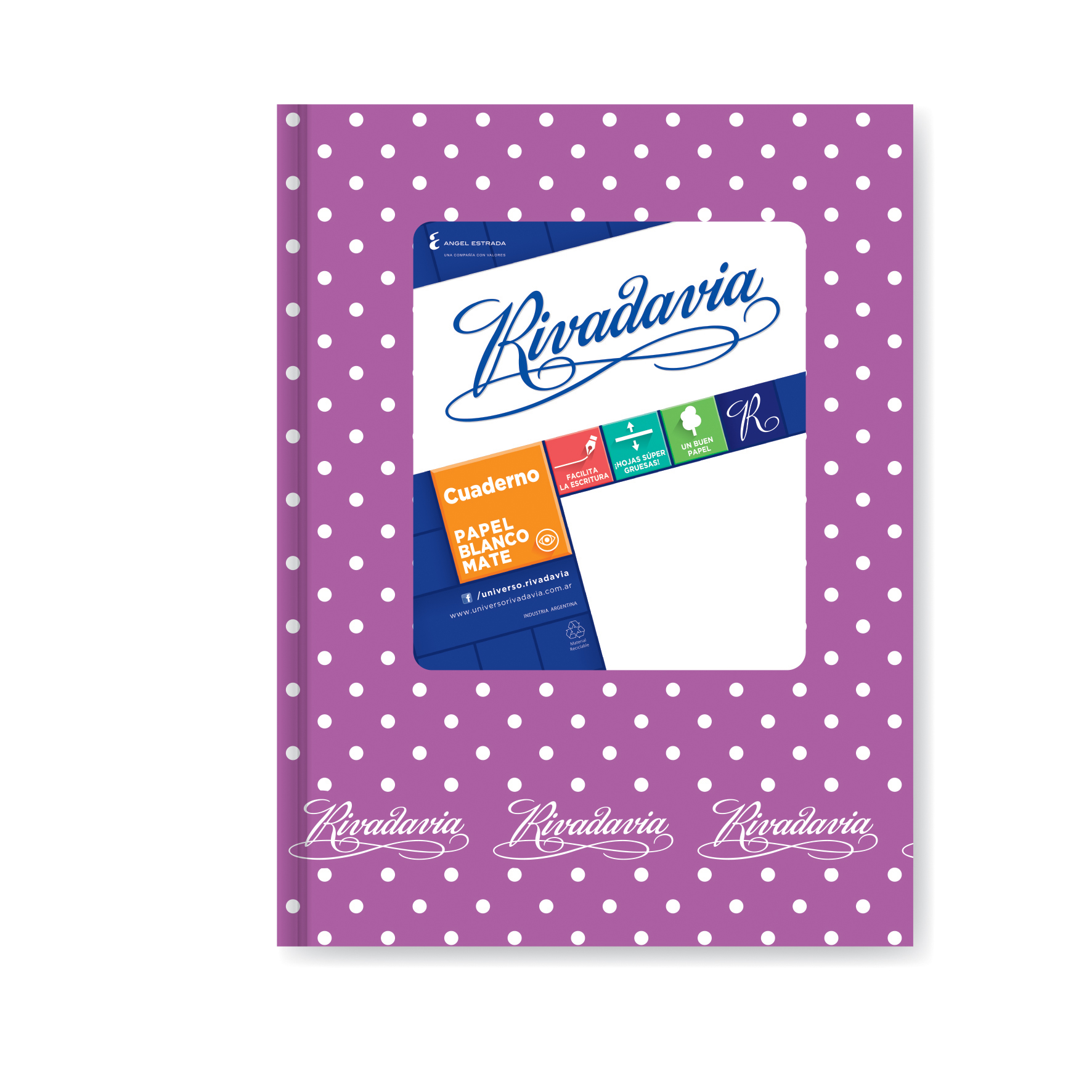  CUADERNO RIVADAVIA 16X21 TAPA CARTON  LUNAR LILA 50 HOJAS RAYADO