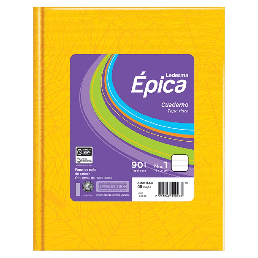  CUADERNO EPICA 16X21 TAPA CARTON FORRADO  AMARILLO 48 HOJAS RAYADO
