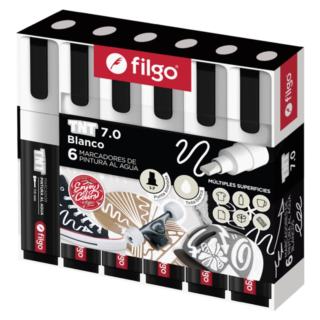  MARCADOR PINTURA FILGO TNT 7.0 PUNTA  BISELADA ESTUCHE X6 BLANCO