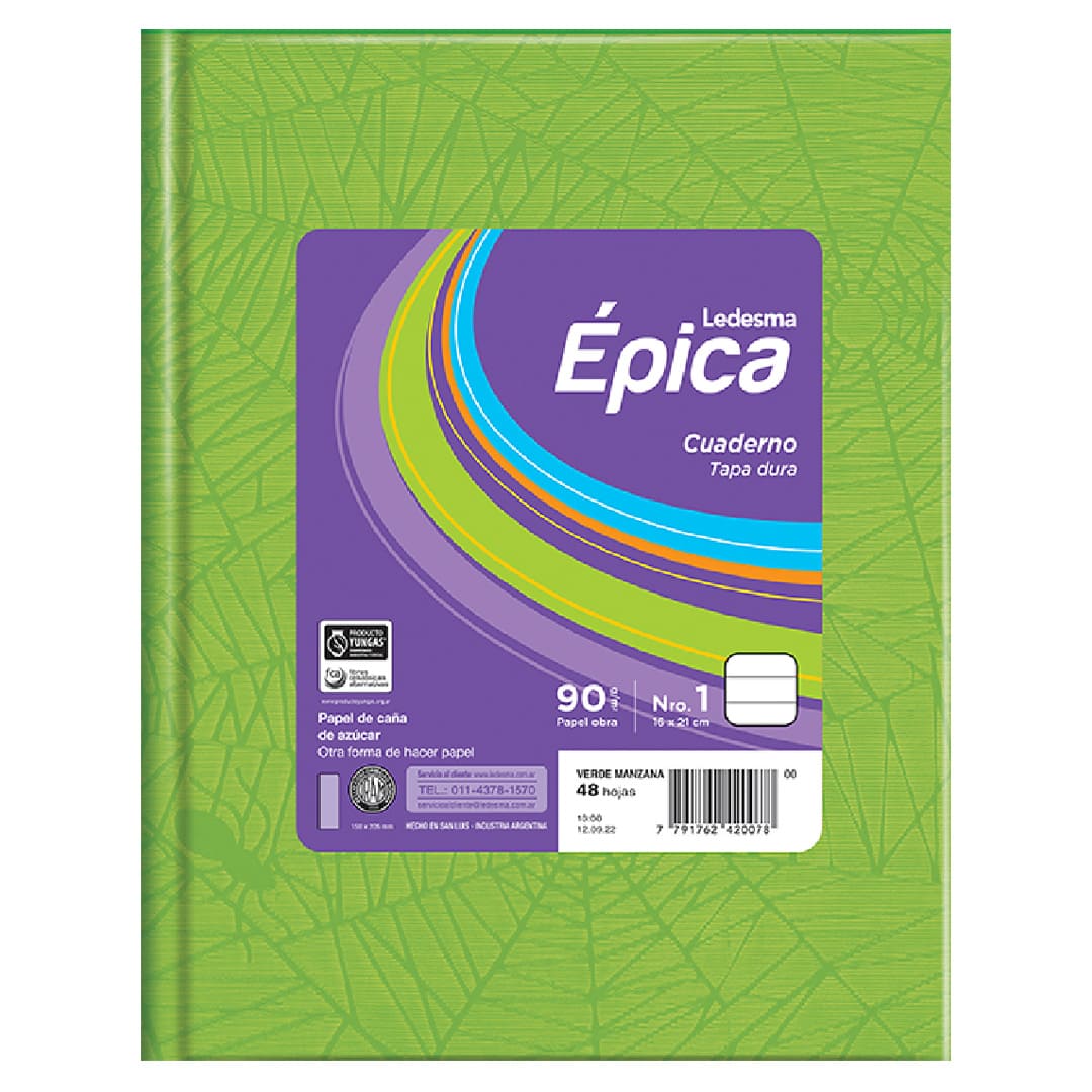  CUADERNO EPICA 16X21 TAPA CARTON FORRADO  VERDE MANZANA 48 HOJAS RAYADO
