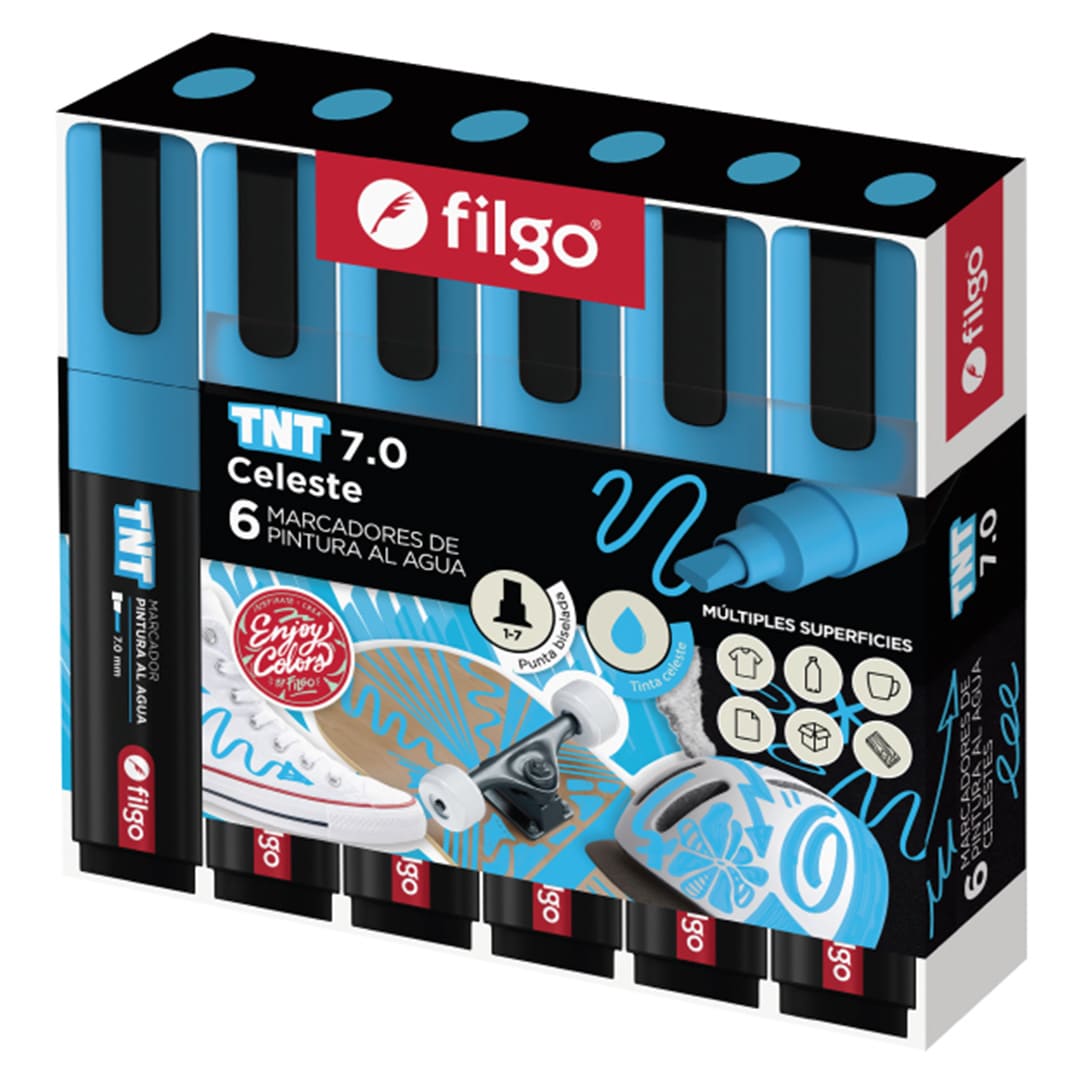  MARCADOR PINTURA FILGO TNT 7.0 PUNTA  BISELADA ESTUCHE X6 CELESTE