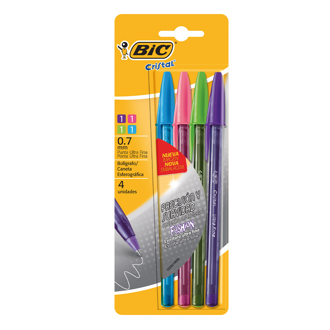  BOLIGRAFO BIC CRISTAL ULTRAFINA 0.7MMBLISTER X4 FASHION SURTIDO