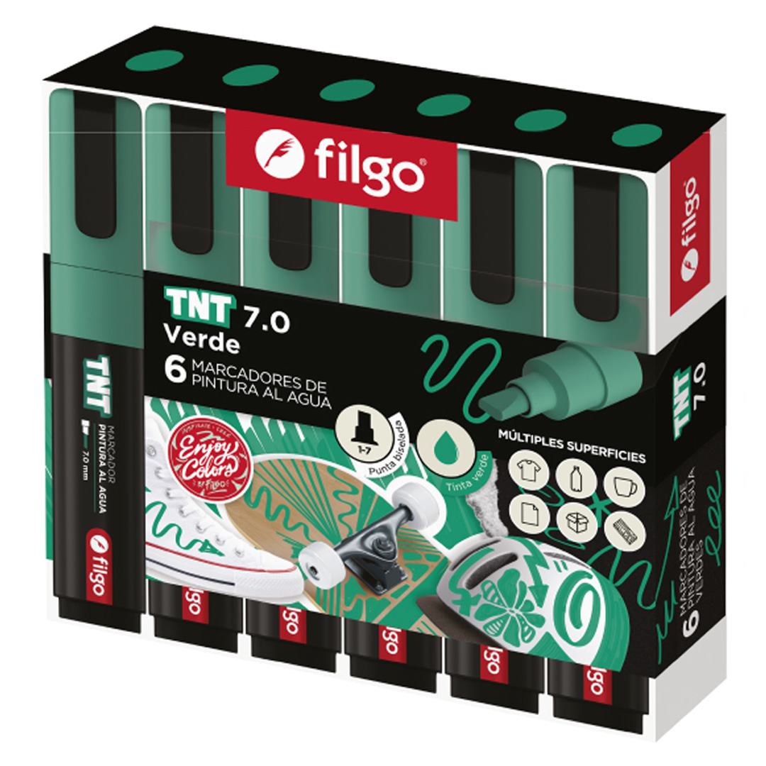  MARCADOR PINTURA FILGO TNT 7.0 PUNTA  BISELADA ESTUCHE X6 VERDE