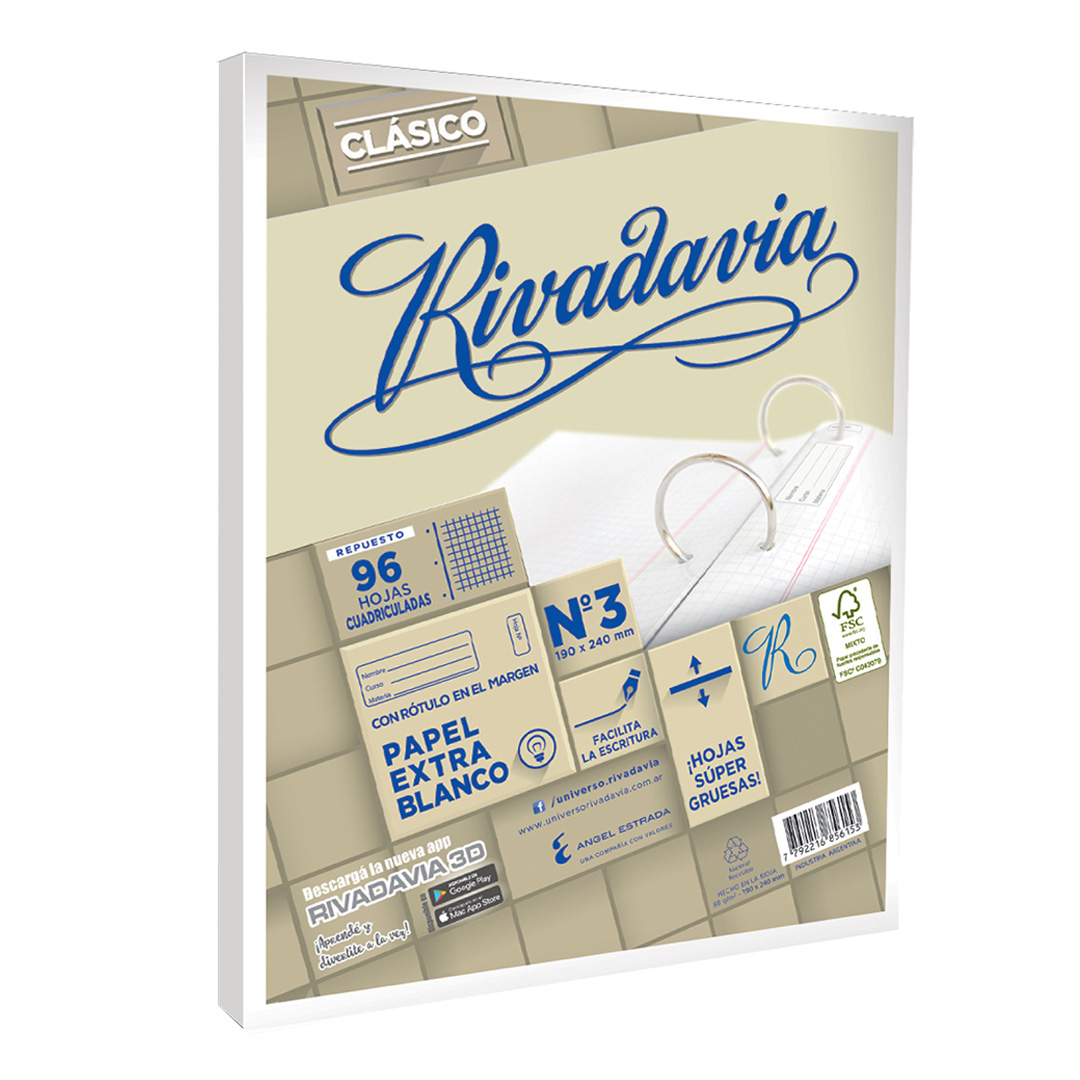  REPUESTO RIVADAVIA N3 CLASICO 96 HOJAS;
EXTRA BLANCO CUADRICULADAS