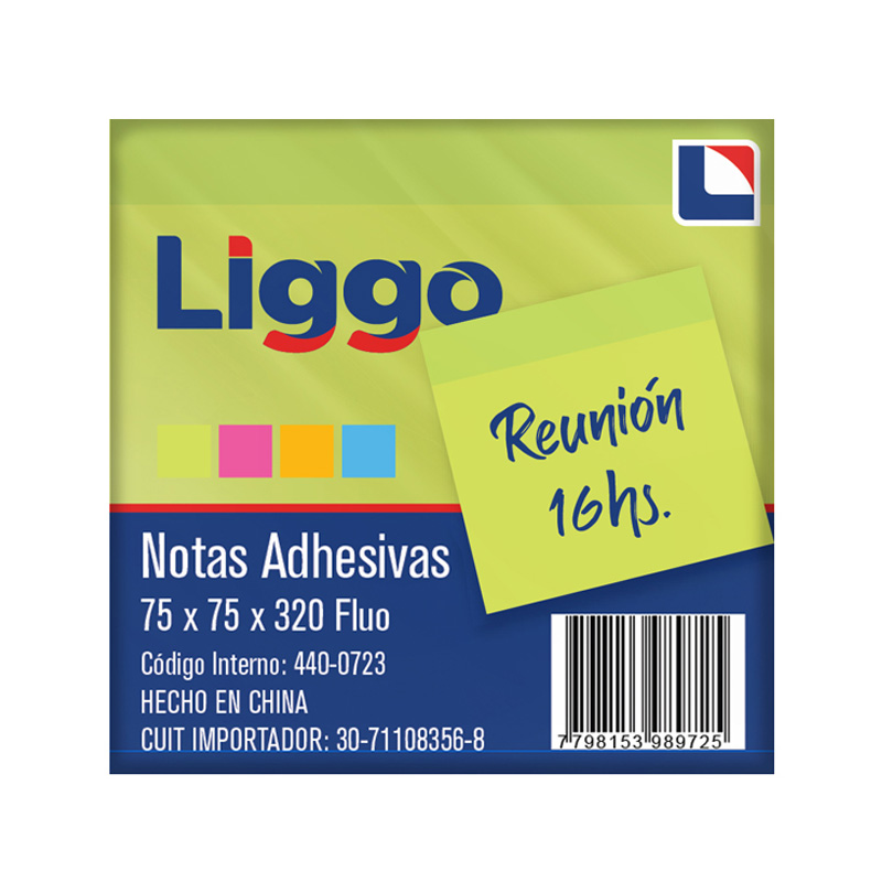  NOTA ADHESIVA LIGGO 75X75 320 HOJAS  FLUO SURTIDA 4 COLORES PACK X6
