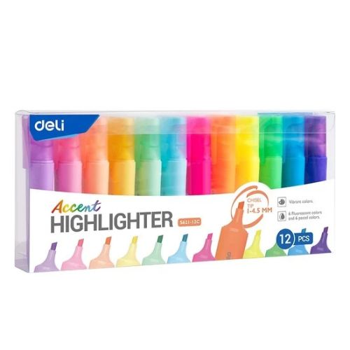  RESALTADOR CHATO DELI ACCENT 6 COLORES;
FLUO Y 6 COLORES PASTEL X12