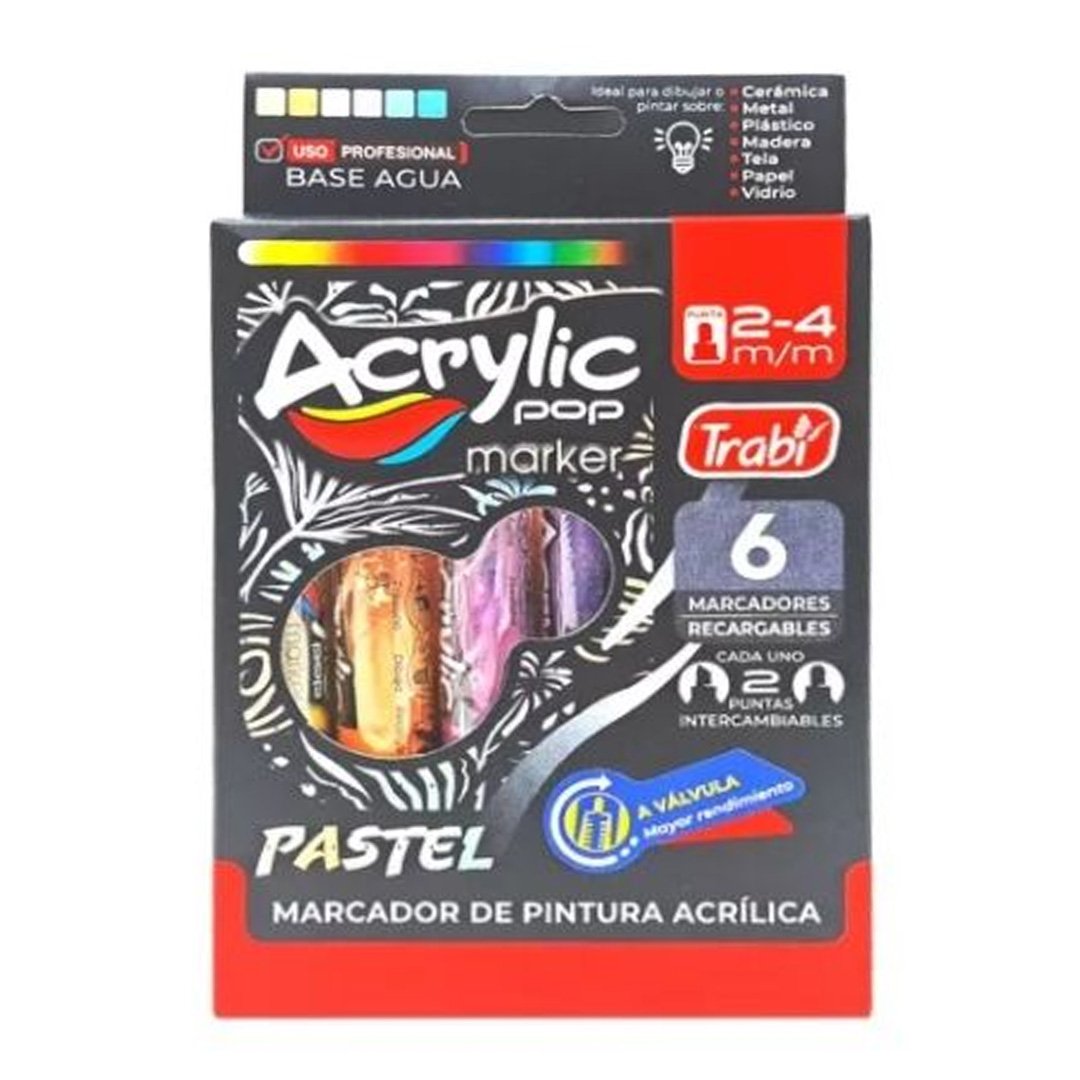  MARCADOR ACRILICO ACRY LIC POP TRABI 2-;
4MM BLISTER X6 PASTEL