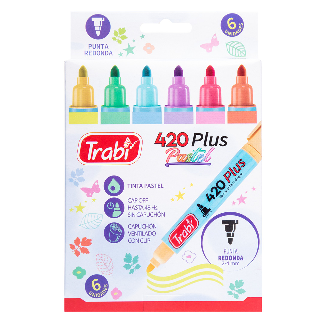  MARCADOR TRABI AL AGUA 420 RECARGABLE;
PUNTA REDONDA BLISTER X6 PASTEL SURTIDO