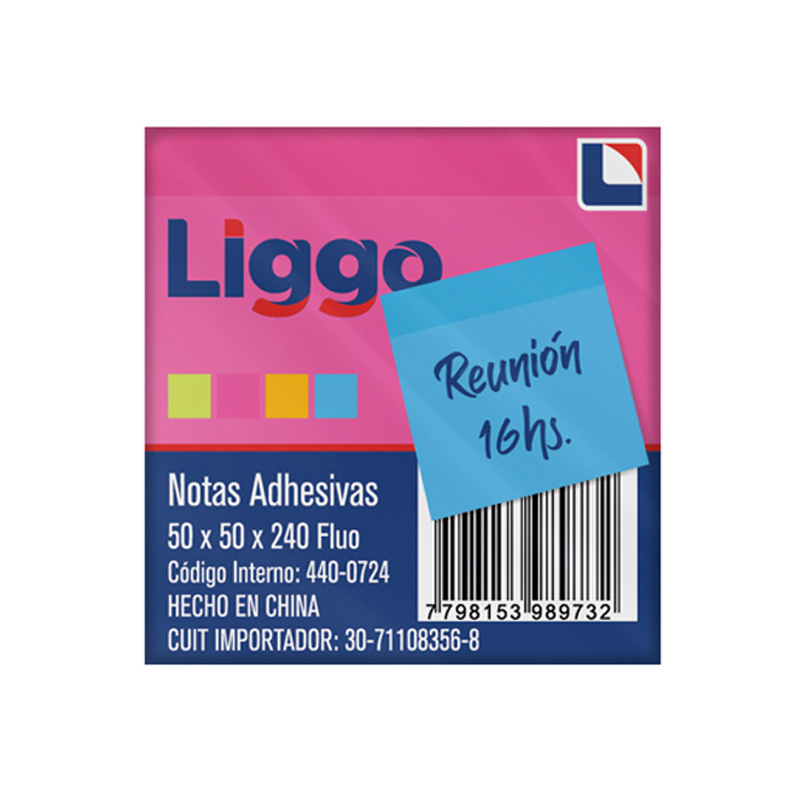  NOTA ADHESIVA LIGGO 50X50 240 HOJAS  FLUO SURTIDA 4 COLORES PACK X12