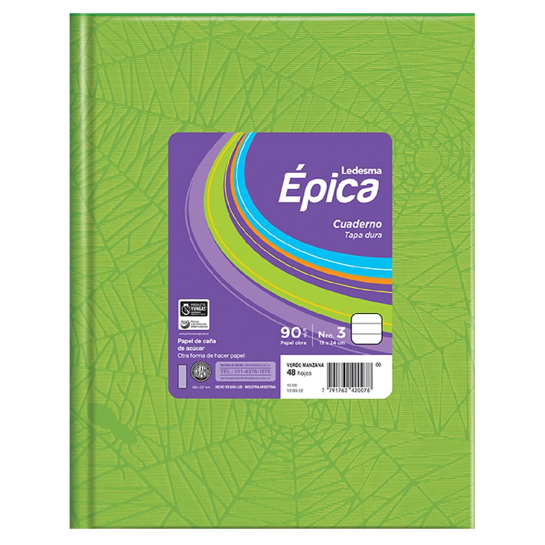  CUADERNO EPICA 19X24 TAPA CARTON FORRADO  VERDE MANZANA 48 HOJAS RAYADO