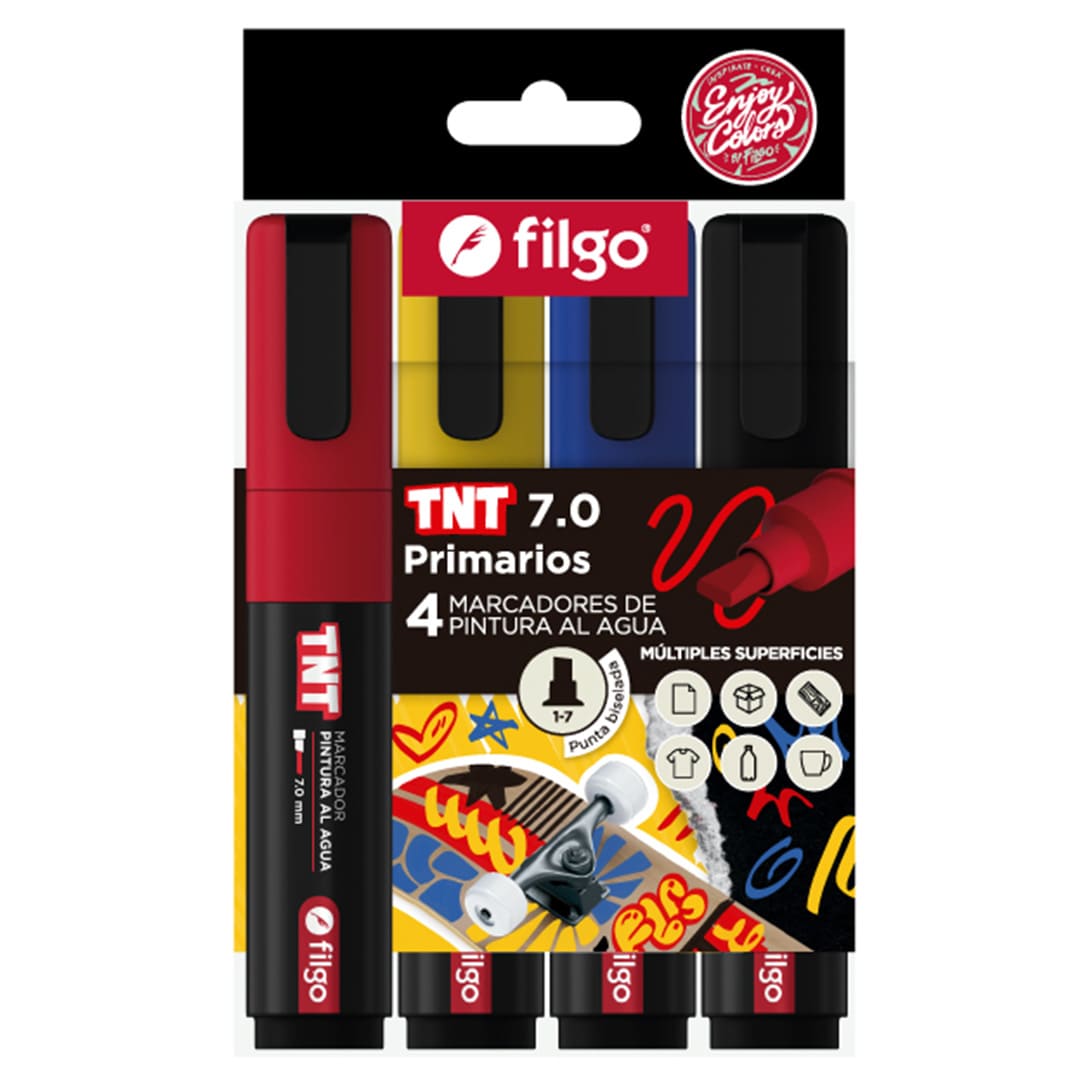  MARCADOR PINTURA FILGO TNT 7.0 PUNTA  BISELADA ESTUCHE X4 SURTIDO PRIMARIOS