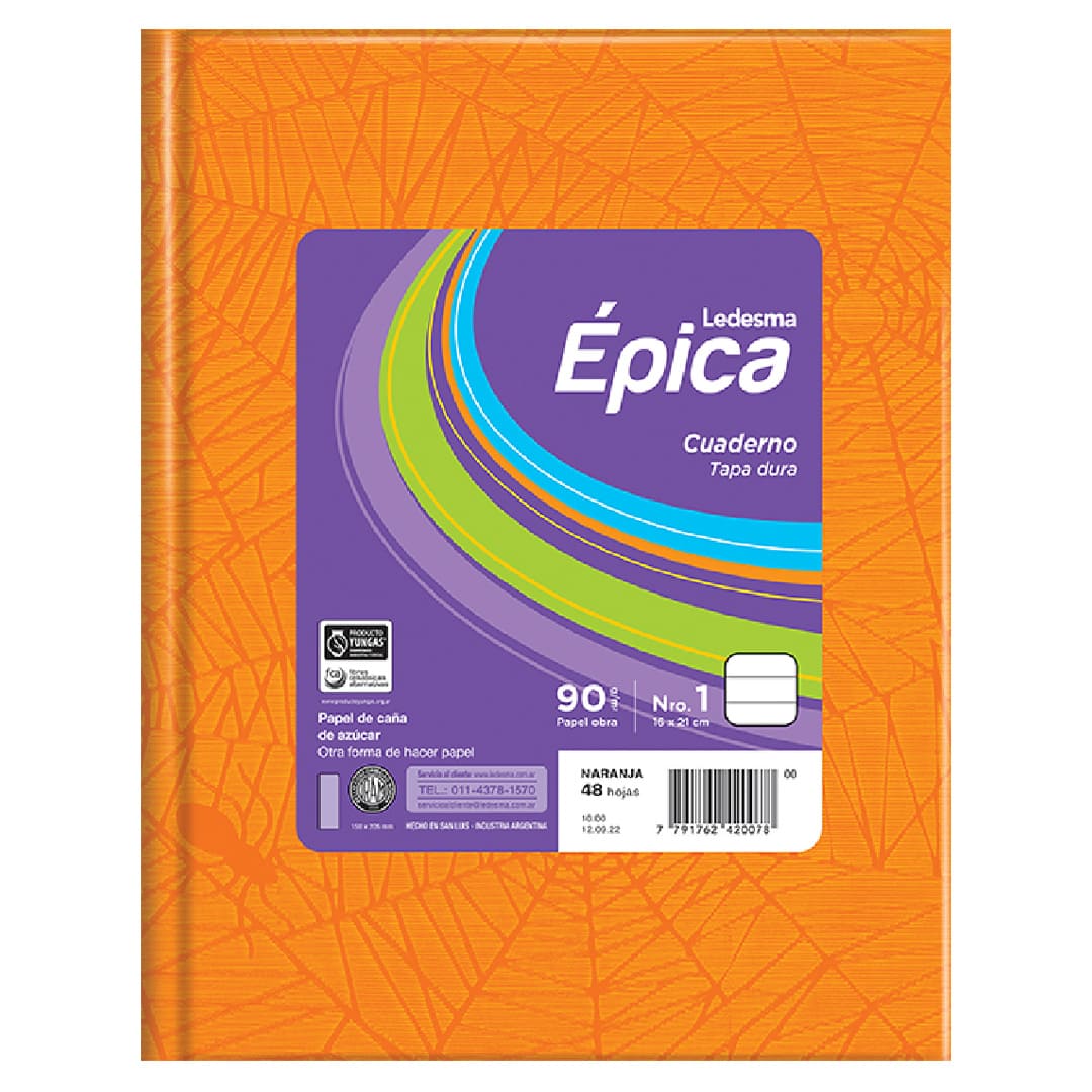  CUADERNO EPICA 16X21 TAPA CARTON FORRADO  NARANJA 48 HOJAS RAYADO