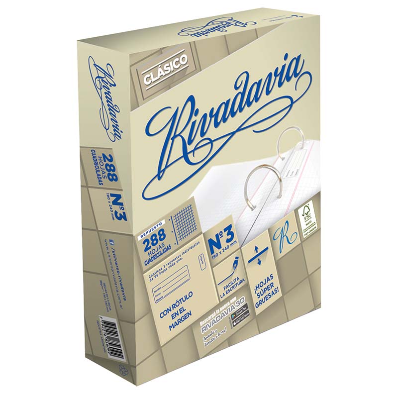  REPUESTO RIVADAVIA N3 288 HOJAS CLASICO EXTRA BLANCO CUADRICULADO