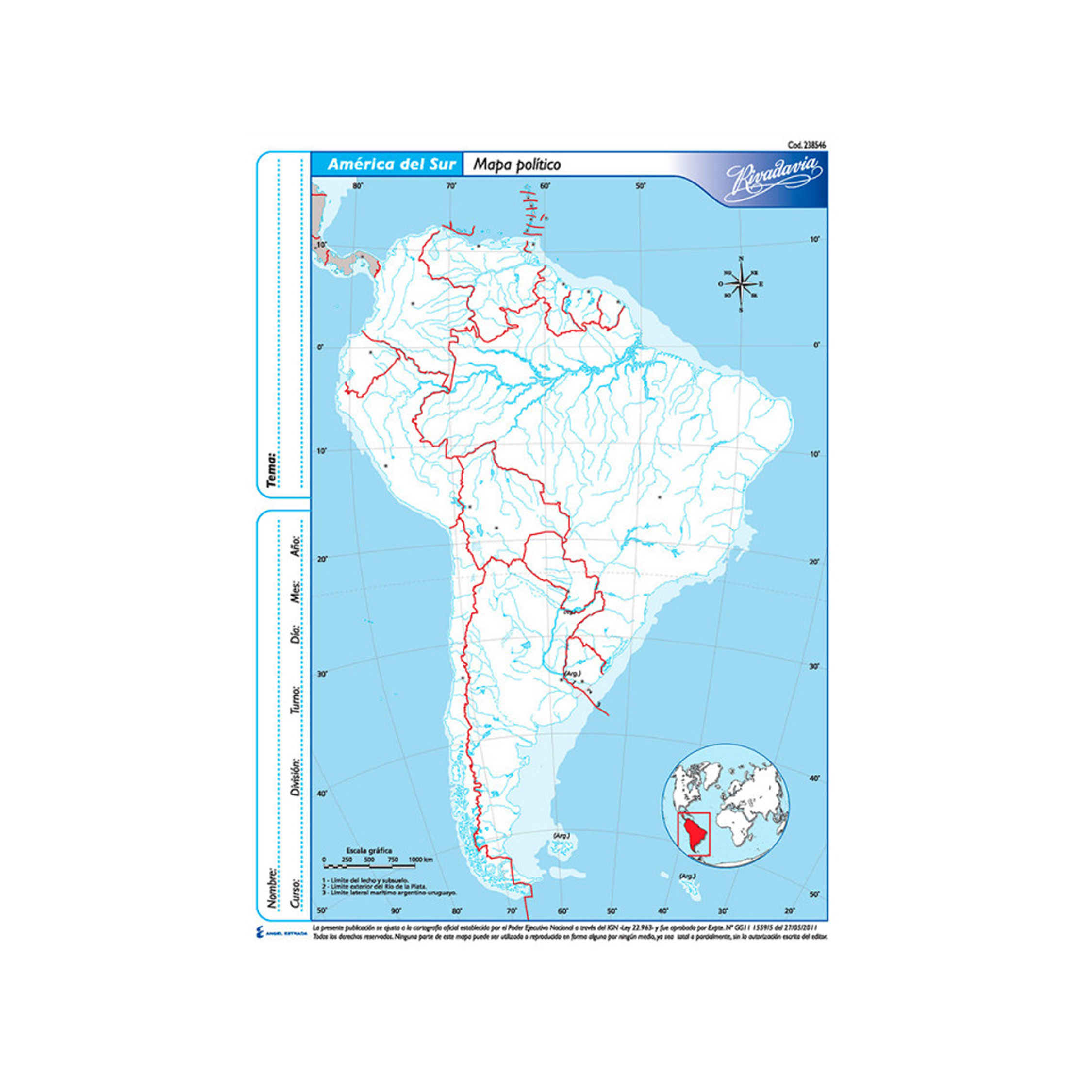  MAPAS N3 RIVADAVIA X 40H AMERICA DEL SUR  POLITICO