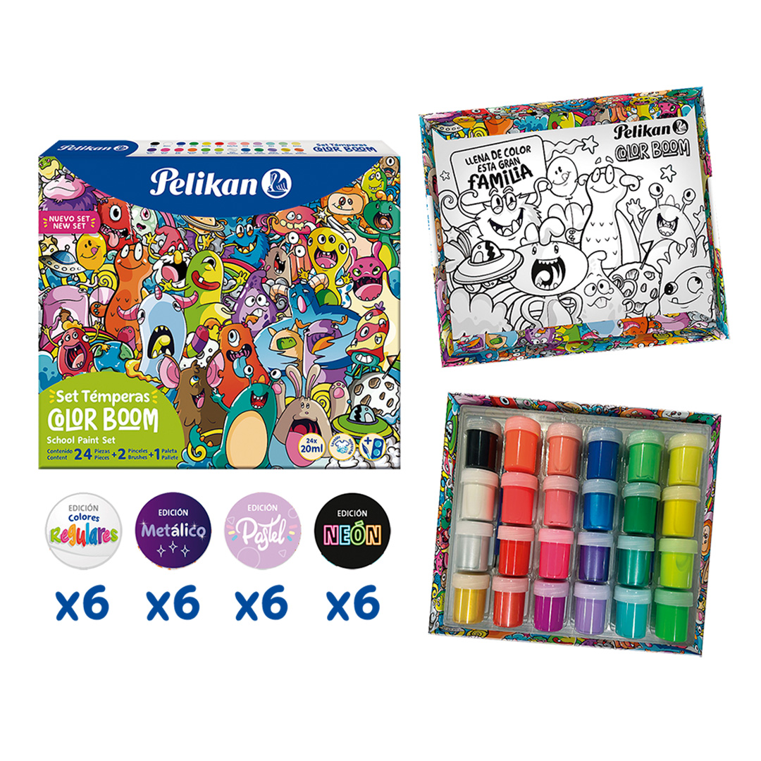  SET TEMPERAS COLOR BOOM PELIKAN X 24  COLORES + PINCEL Y PALETA