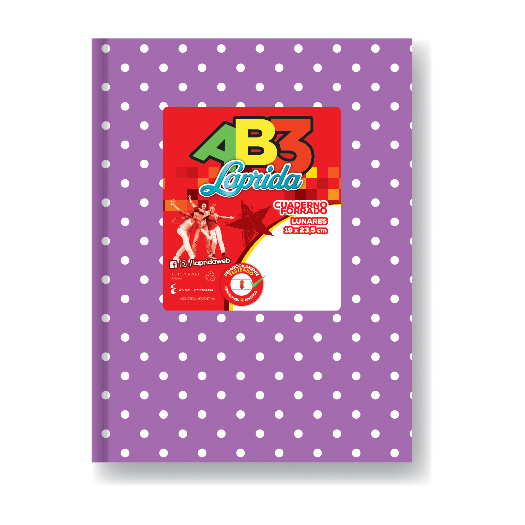  CUADERNO LAPRIDA 19X23 AB3 TAPA CARTON;
LUNAR LILA 50 HOJAS RAYADO