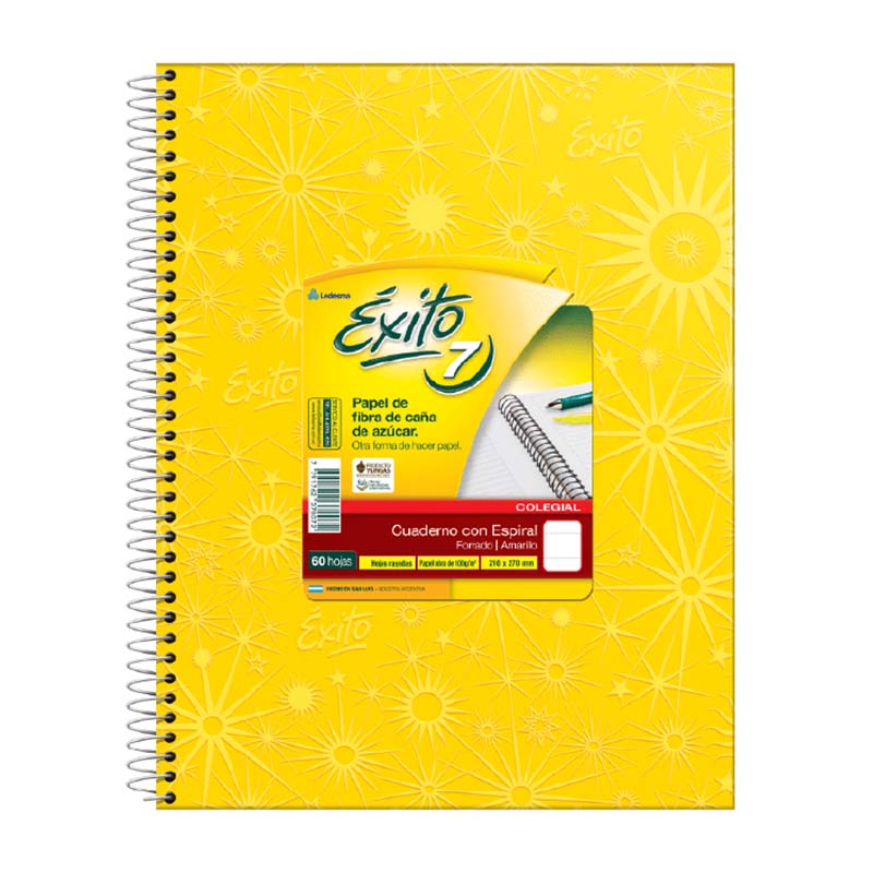  CUADERNO EXITO 21X27 TAPA CARTON ESPIRAL  FORRADO AMARILLO 60 HOJAS RAYADO