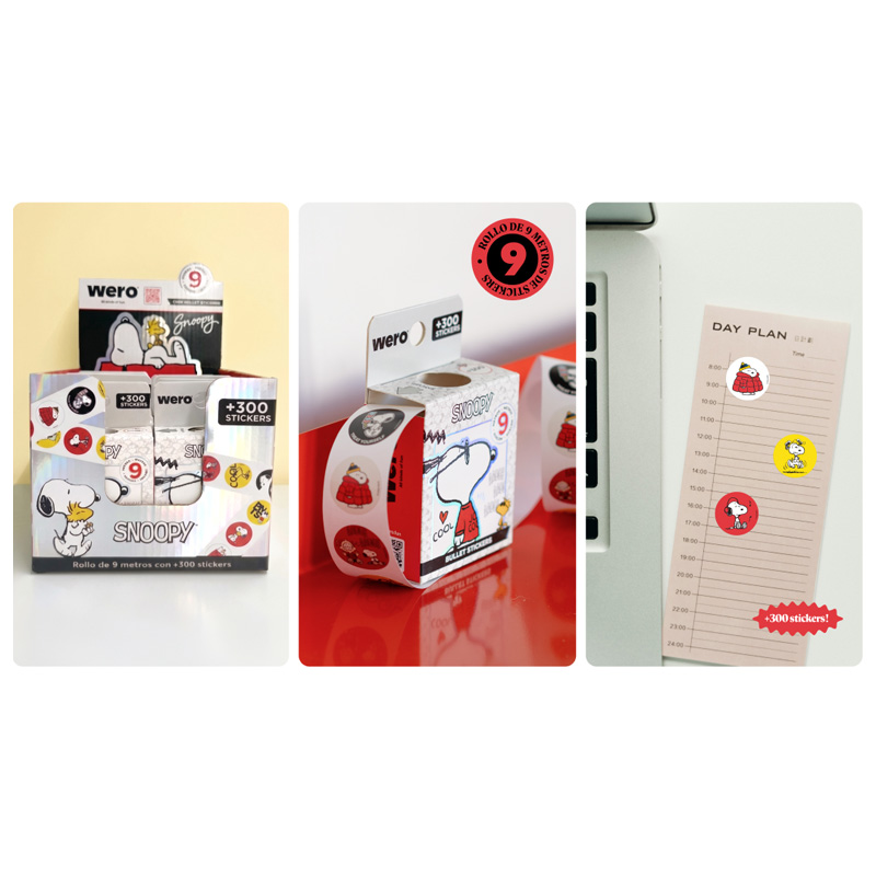  STICKERS ROLLO WERO BULLET SNOOPY 9  METROS DE STICKERS PACK X12