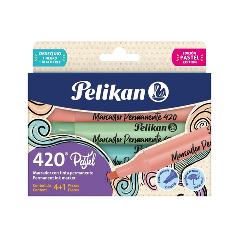  MARCADOR PERMANENTE PELIKAN 420 SURTIDO PASTEL X4 + 1 TINTA NEGRA
