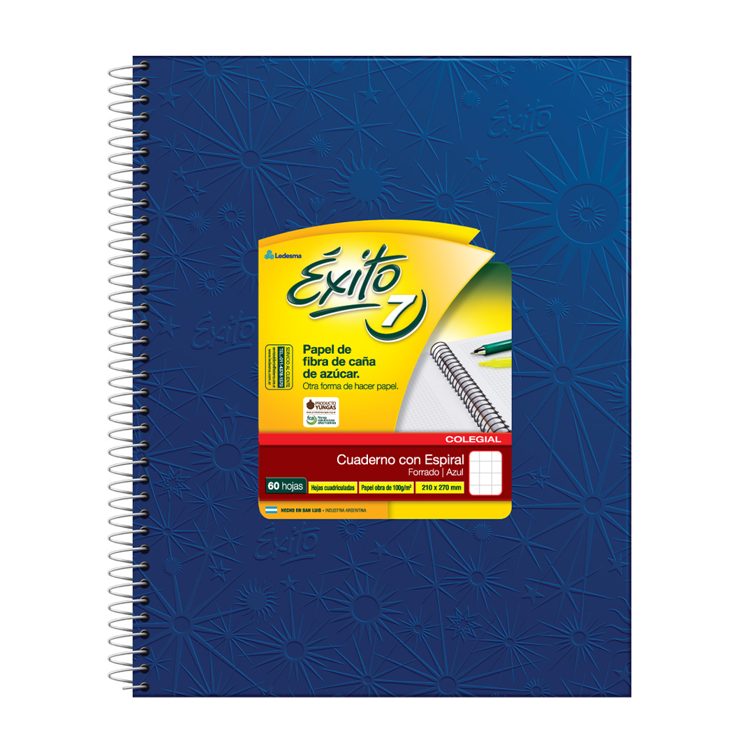  CUADERNO EXITO 21X27 TAPA CARTON ESPIRAL  FORRADO AZUL 60 HOJAS CUADRICULADO