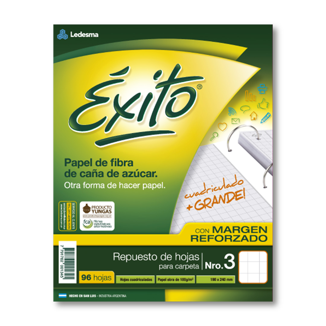  REPUESTO EXITO N3 CON BANDA 96 HOJAS  CUADRICULADO GRANDE